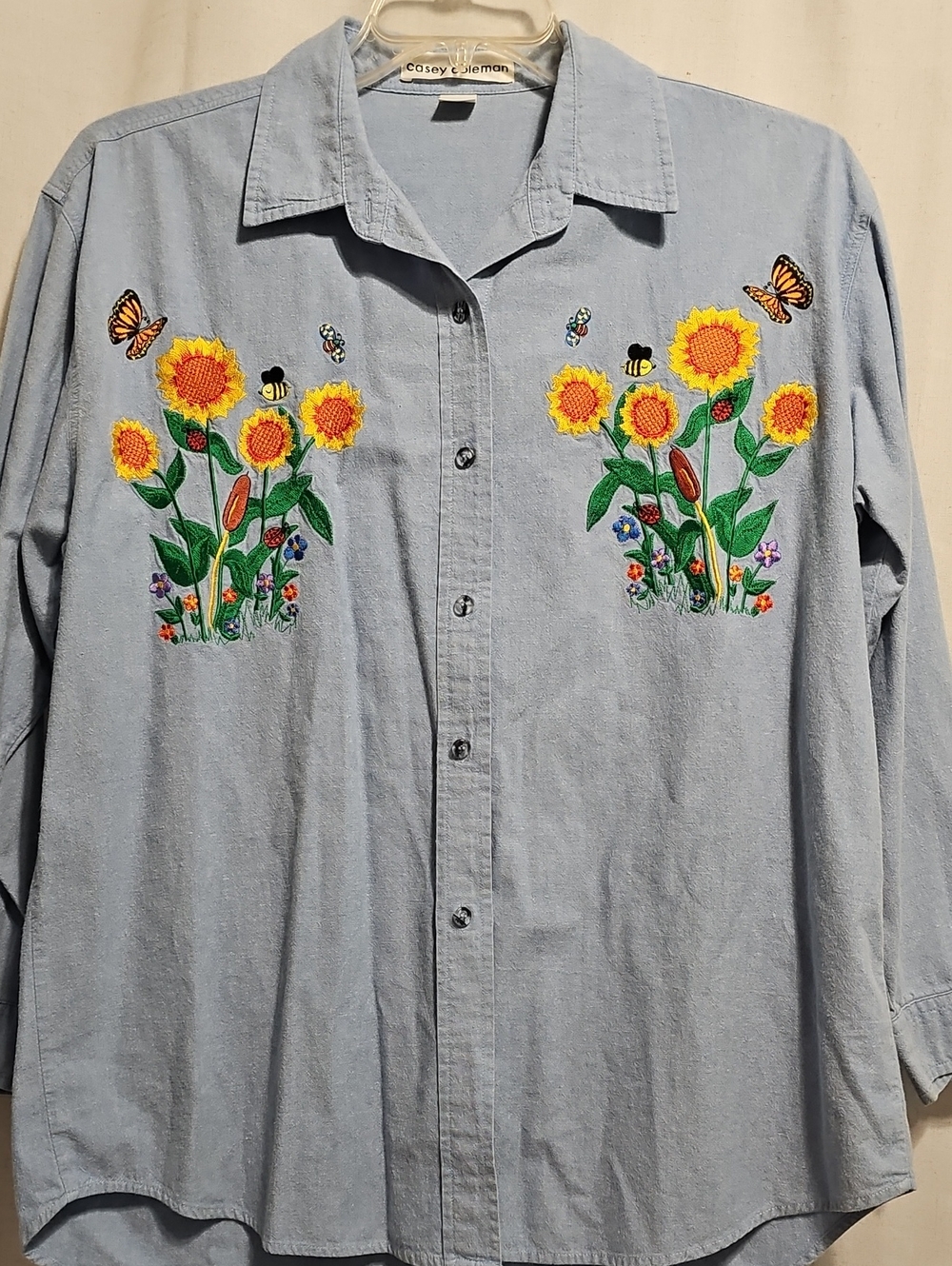 Casey Coleman Light Blue Denim Embroidered Sunflower Button-Up Shirt